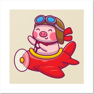 Cute Pig Riding Airplane Posters and Art